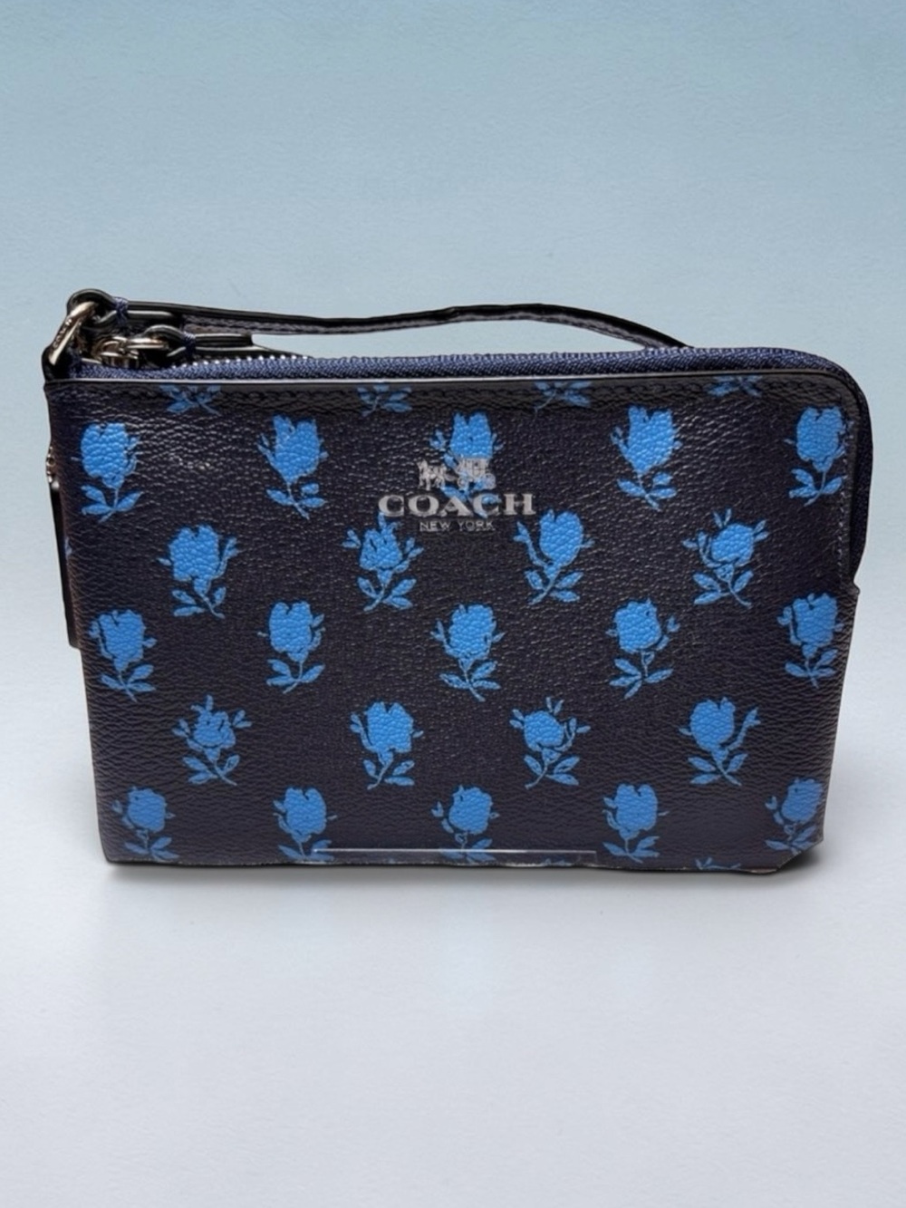 Coach Badlands Floral Print Wristlet Navy Blue Signature Canvas F65761 NWOT